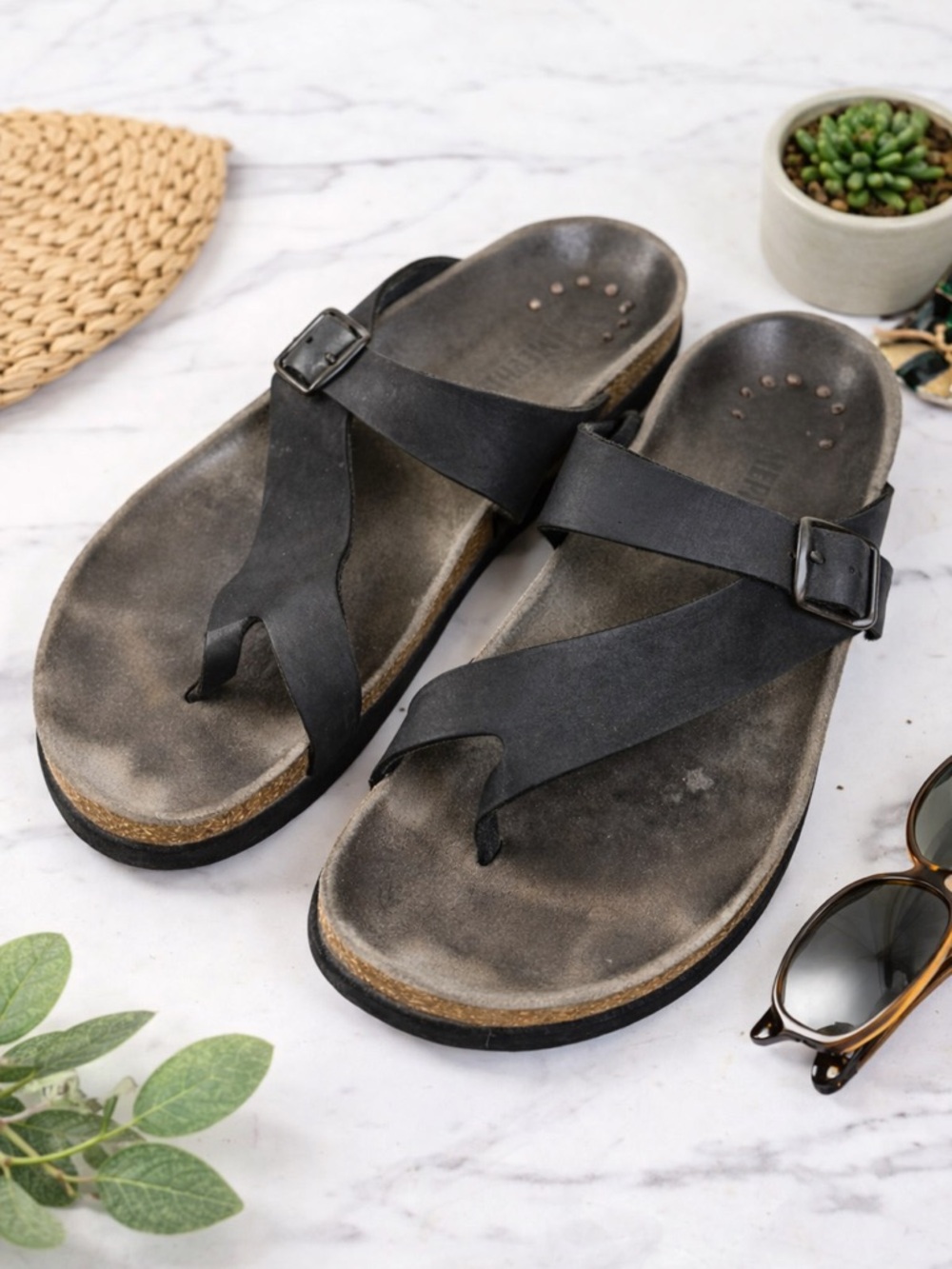 Mephisto Black Leather Cork Footbed Thong Sandals Buckle Slides Size 10